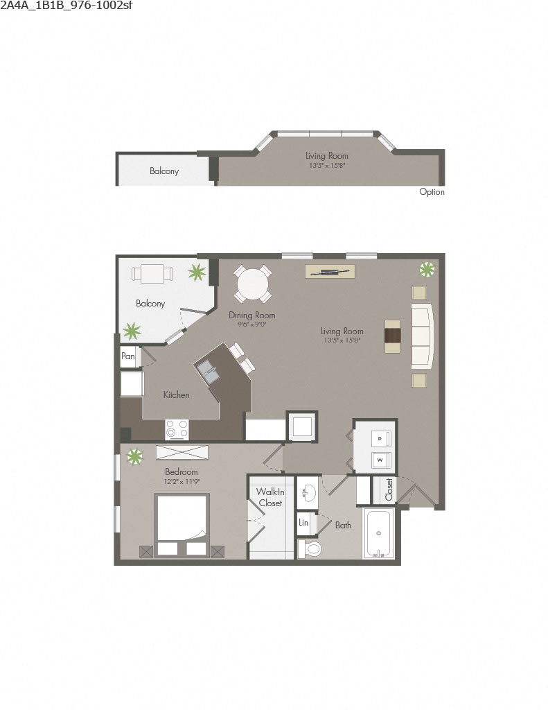 Floor plan for 1 bed, 1 bath, 1002 sqft